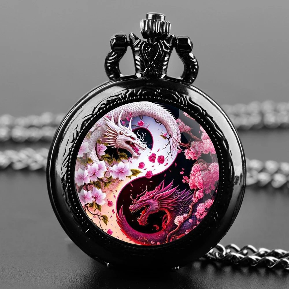 Creative Pink and white dragon Design Quartz Pocket Watches for Women Men Watch Unique Pendant Clock Necklace Kids Jewelry Gifts