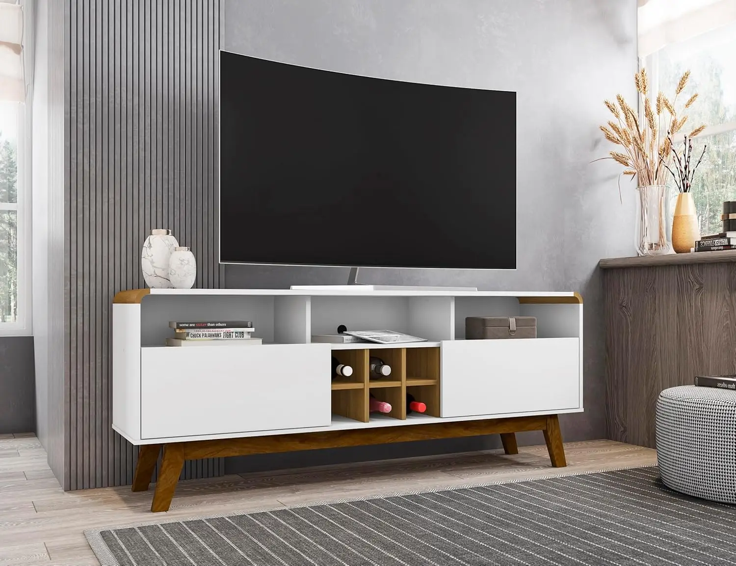 Comfort Camberly Mid Century Modern TV Stand with 5 Shelves, 62.99 Inches, White and Cinnamon