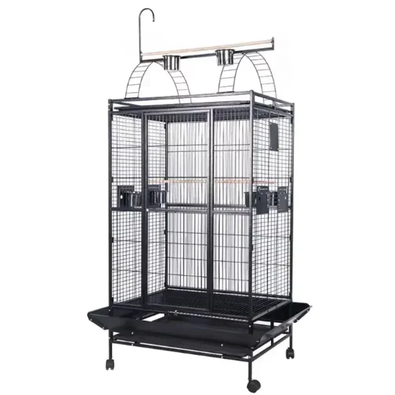 

68 Inch Parrot Pet Large Birdcage, Luxurious Large Space with 6 Feeders, Black Metal Iron 4-wheel Macaw Birdcage