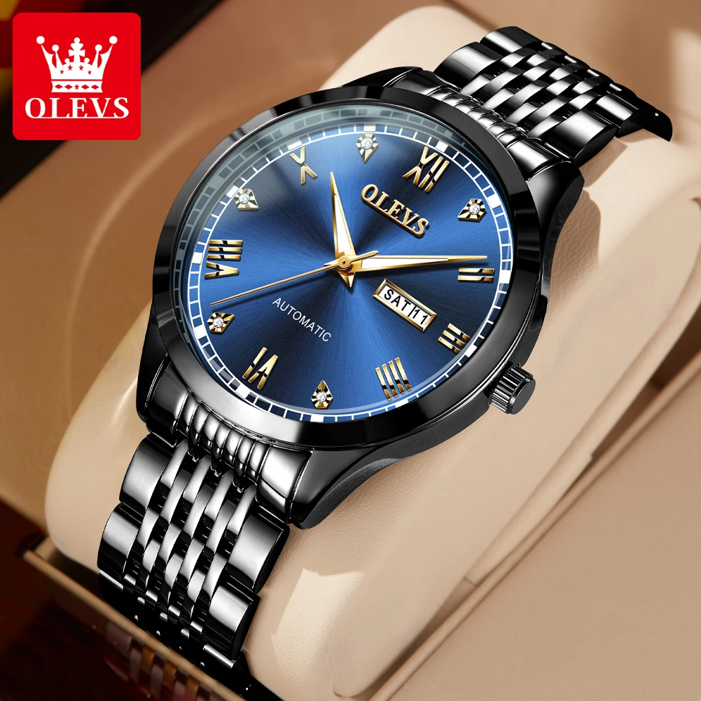 OLEVS Original Automatic Watch for Men Luxury Top Diamond Scale Dual Calendar Waterproof Luminous Business Man Mechanical Watch