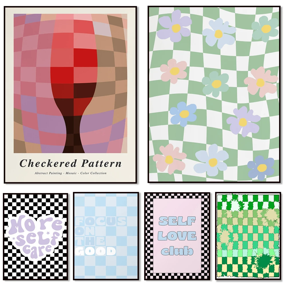 Wavy grid pattern, pastel checkerboard, checkered, grid, wavy lines, trendy checkered danish pastel aesthetic floral poster