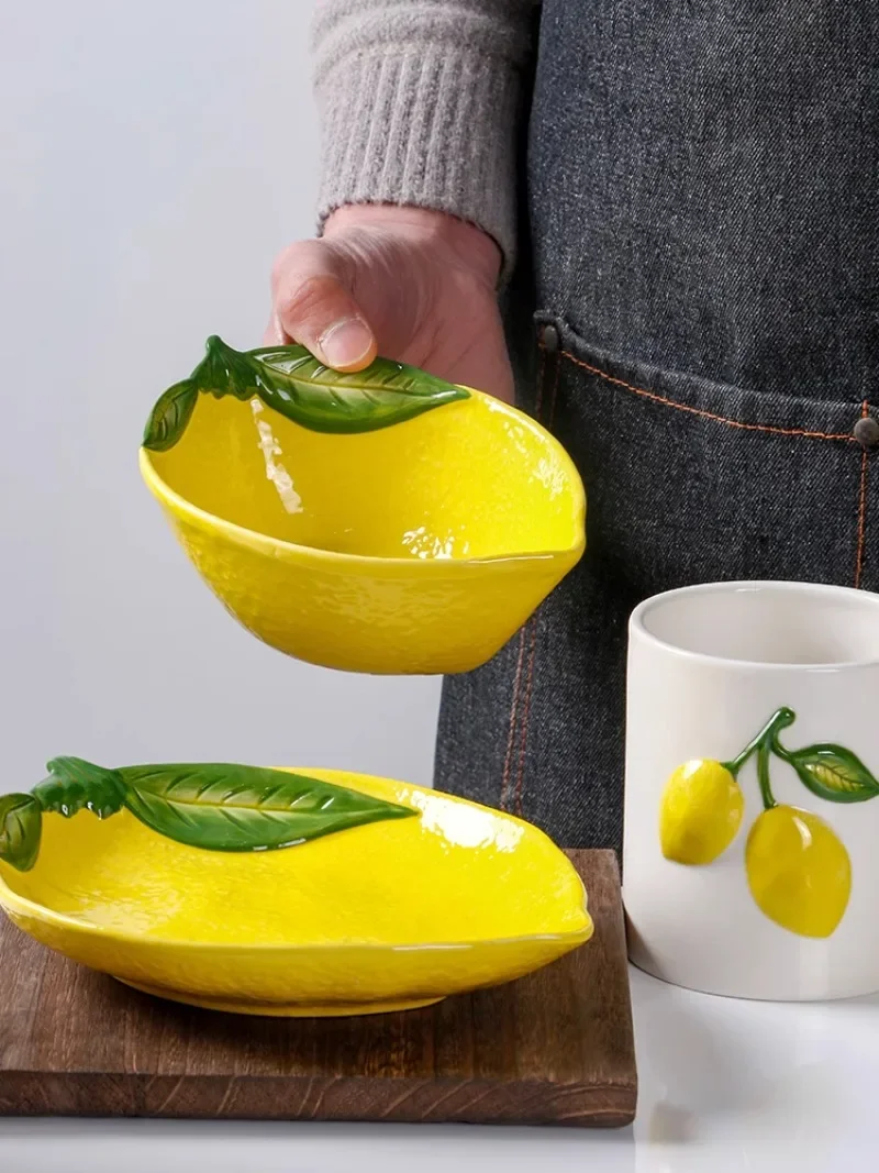 hand-painted relief, lemon bowl ceramic underglaze color, high-value dessert fruit, plate and bowl breakfast combination