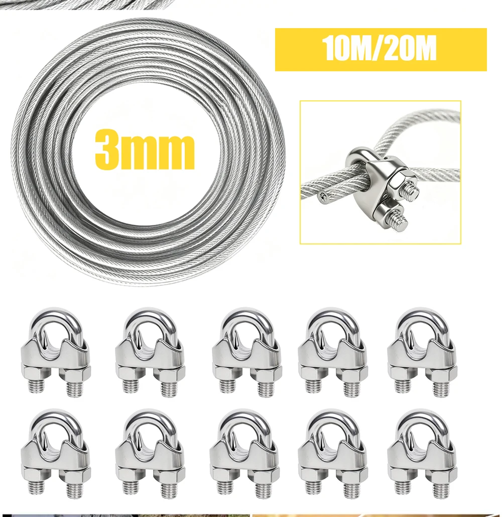 10/20M 3mm Edelstahl-Drahtseil-Set mit U-förmiger Kabelklemme und PVC-Beschichtung für Camping, Wäscheleine, Gartengeländer – Detail 7