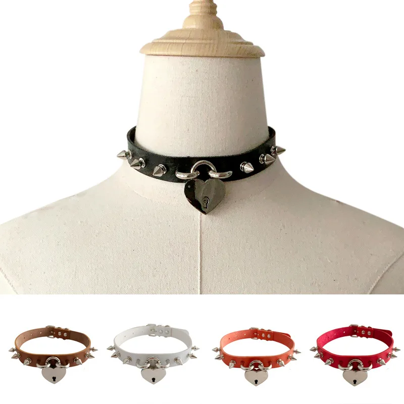 Factory Direct Rock Harajuku Punk Rivets Love Lock Pendant Necklace Leather Collar Neck Strap Collarbone Necklace