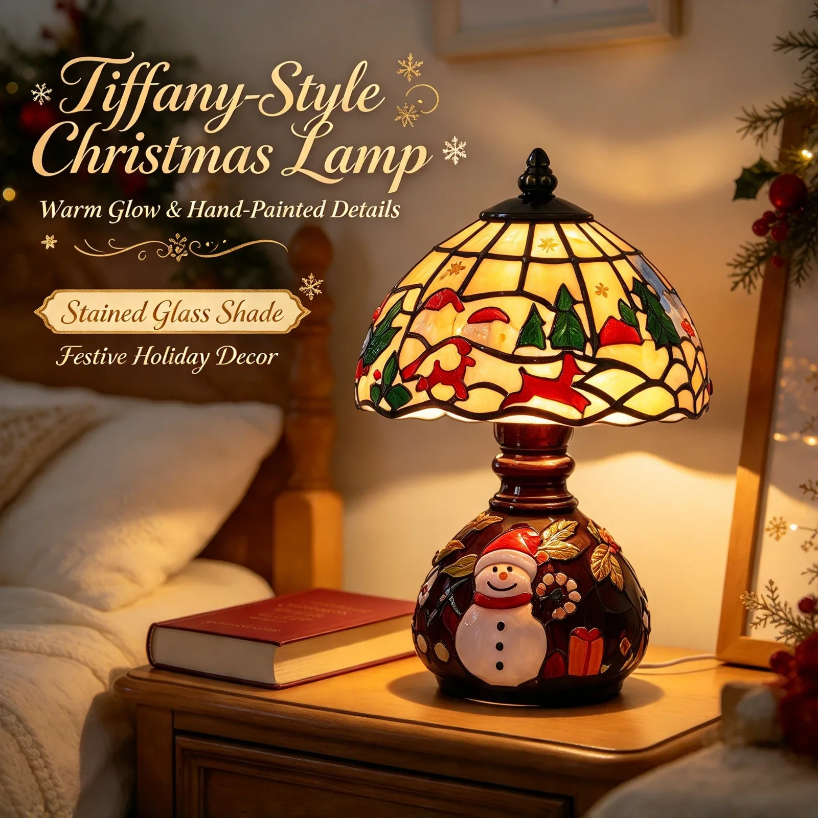 LED Christmas Table Lamps Ornament Tiffany Style Stained Glass Snowman Santa Night Lights Xmas Home Decor, Gift New Creative