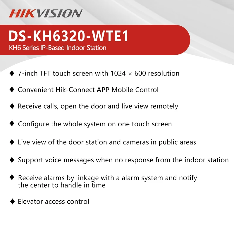 Hikvision 7-inch Touch Screen WifI IP Indoor Station Two-way Audio APP Control Elevator Control Video Intercom DS-KH6320-WTE1
