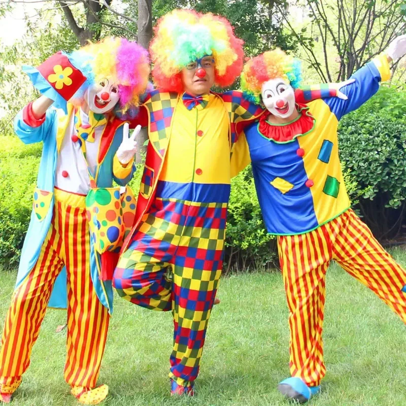 Volwassen Grappige Circus Clown Cosplay Kostuums Carnaval Party Show Met Pruik Schoenen Spons Neus Jurk Voor Mannen Vrouwen