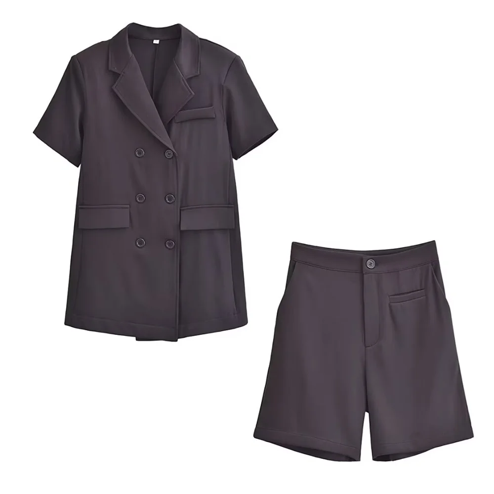 PB&ZA 2024 Spring New Women\'s Fashion Style Versatile Casual Loose Double breasted Suit+Shorts Set