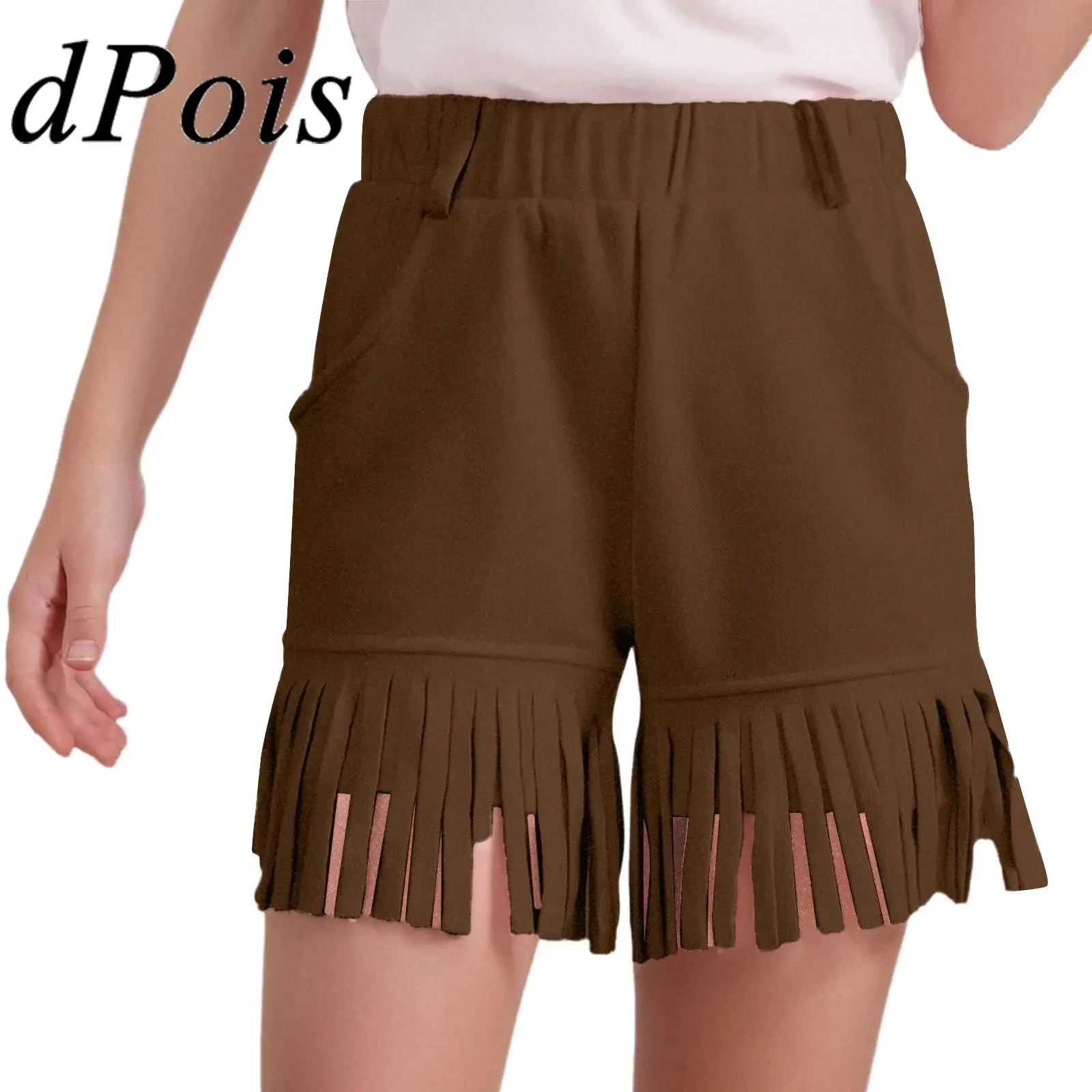 

Kids Boys Cowboy Role Play Halloween Hippies Costume Carnival Girls Cowgirl Dress Up Elastic Waist Faux Suede Fringe Shorts