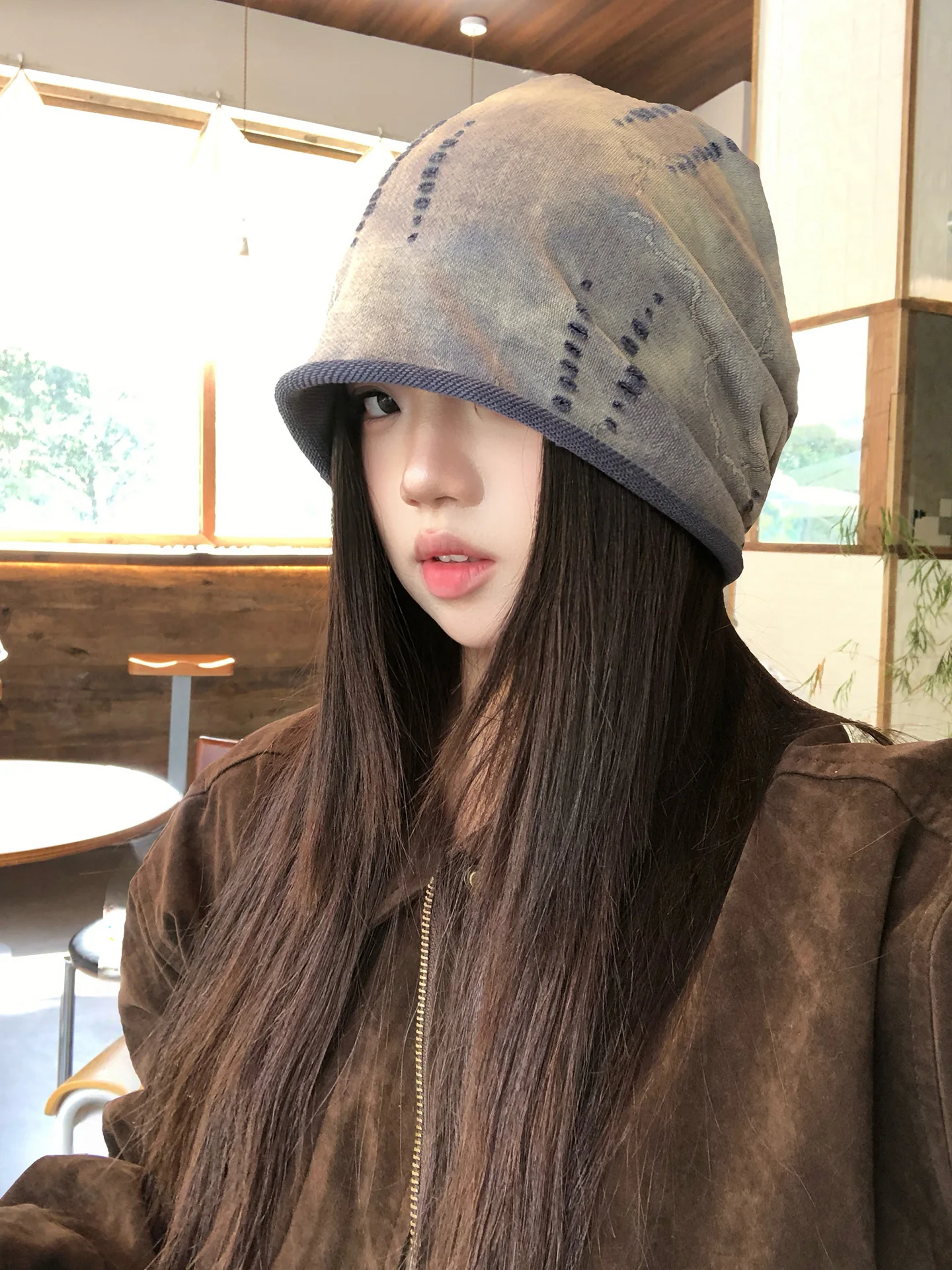Retro Distressed Cuffed Bucket Hat Women's Fashion Face Slimming Cold Cap Large Head Circumference Loose Overhead Hat
