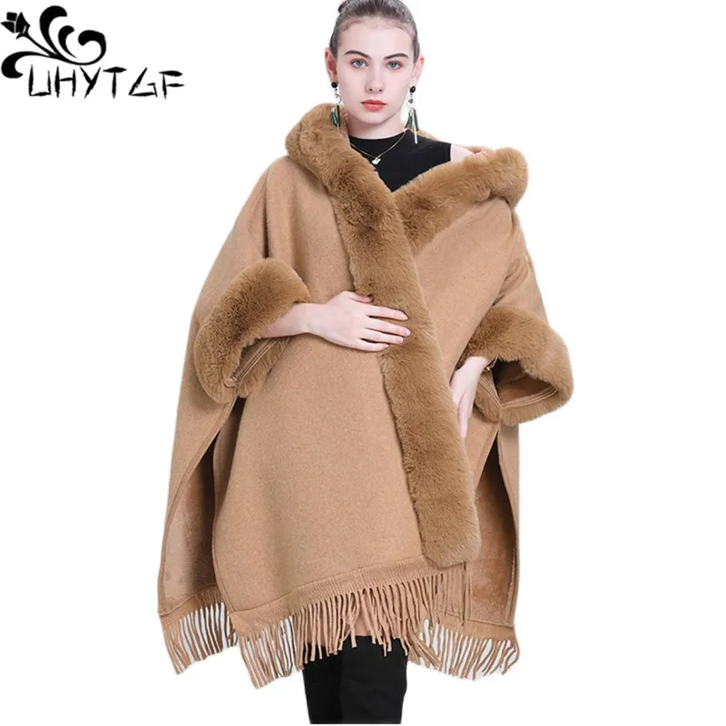 

UHYTGF 2023 Cape Shawl Winter Coat Women Fur Collar Plaid Hooded Knitted Jacket Female Fashion Tassel Casual Warm Cloak Tops 241