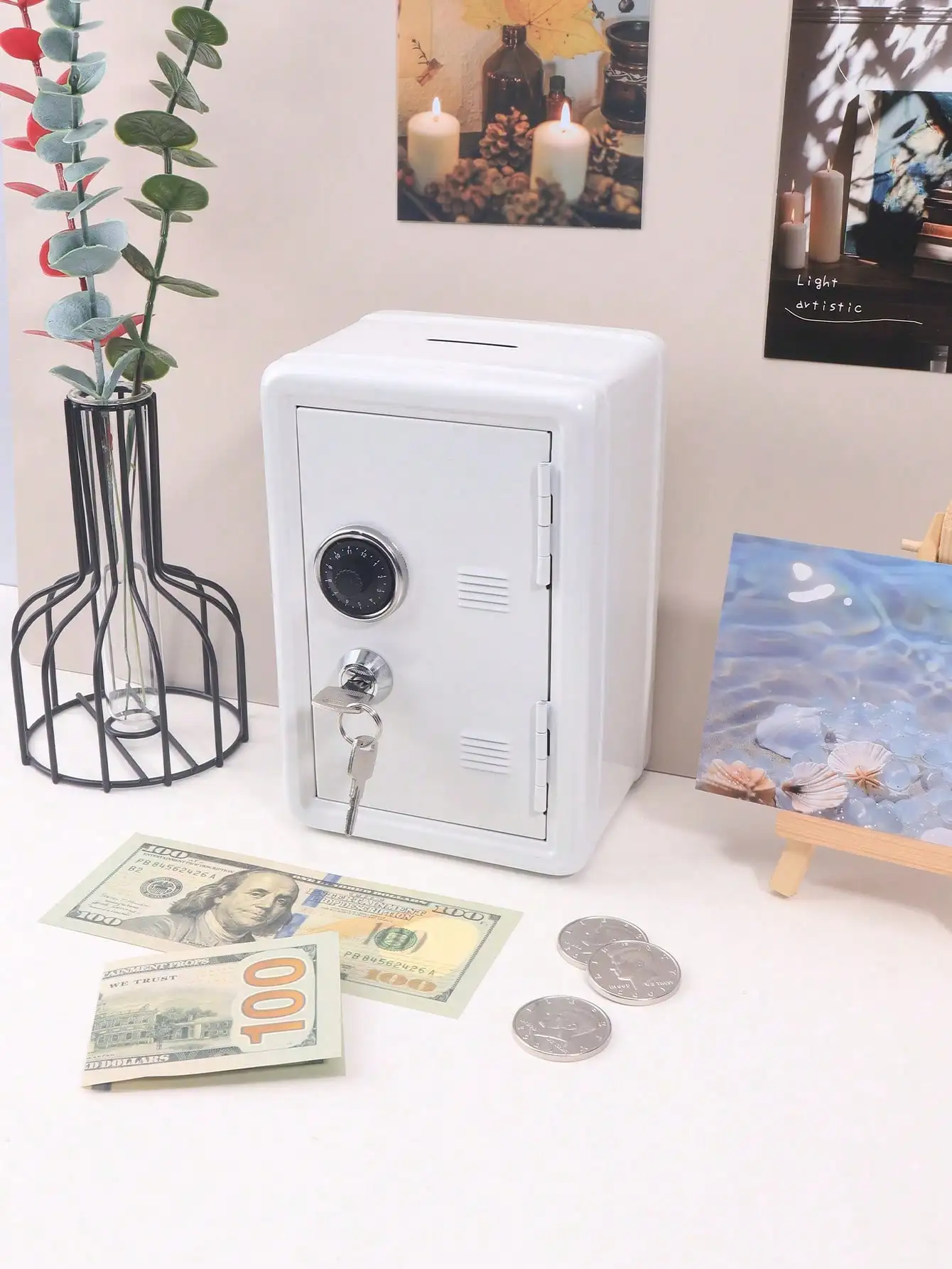 Alcancía con cerradura: mini caja fuerte con cerradura de llave y combinación doble, pequeña caja de almacenamiento personal para monedas, efectivo, colección de joyas
