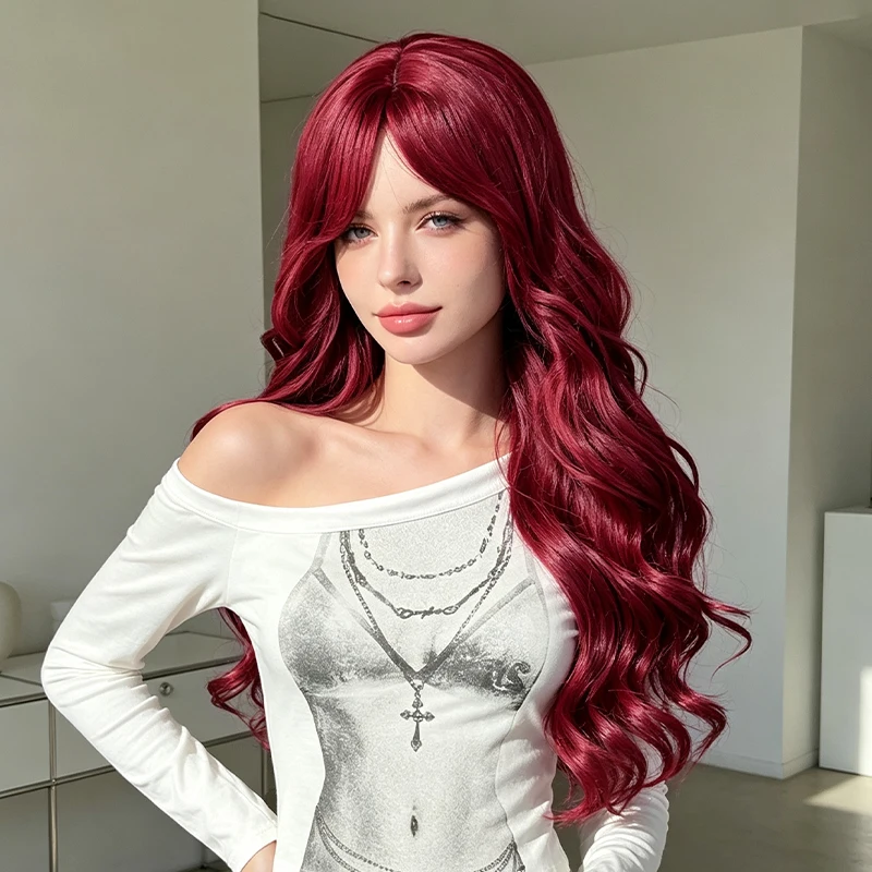 Heat Resistant Synthetic Wig Burgundy Red Long Big Wave with Curtain Bangs Soft Full Head Wig for Daily Wear Cosplay