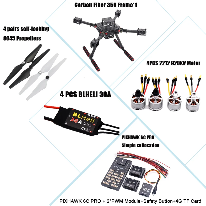 

RC Carbon Fiber 350 PIXHAWK 6C PRO M8N/M9N/M10 Комплект для управления полетом Ardupilot Радиотелеметрия Квадрокоптер BLHELI 30A ESC 2212 Двигатель