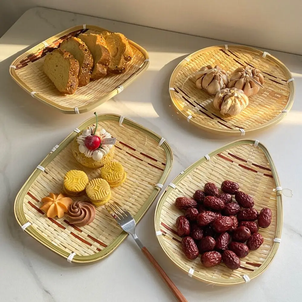 Vegetable Food Storage Basket Desktop Decoration Bread Bamboo Serving Tray Round Dustpan Decorative