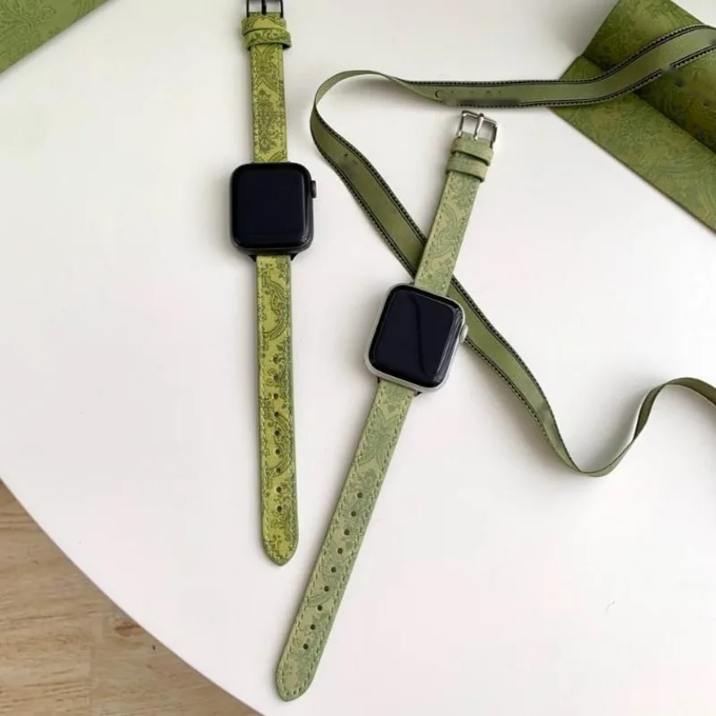 1PC Green Leather Strap Ethnic Pattern Small Waist Style for Apple Iwatch 8 Generation 7 6 5 4 SE