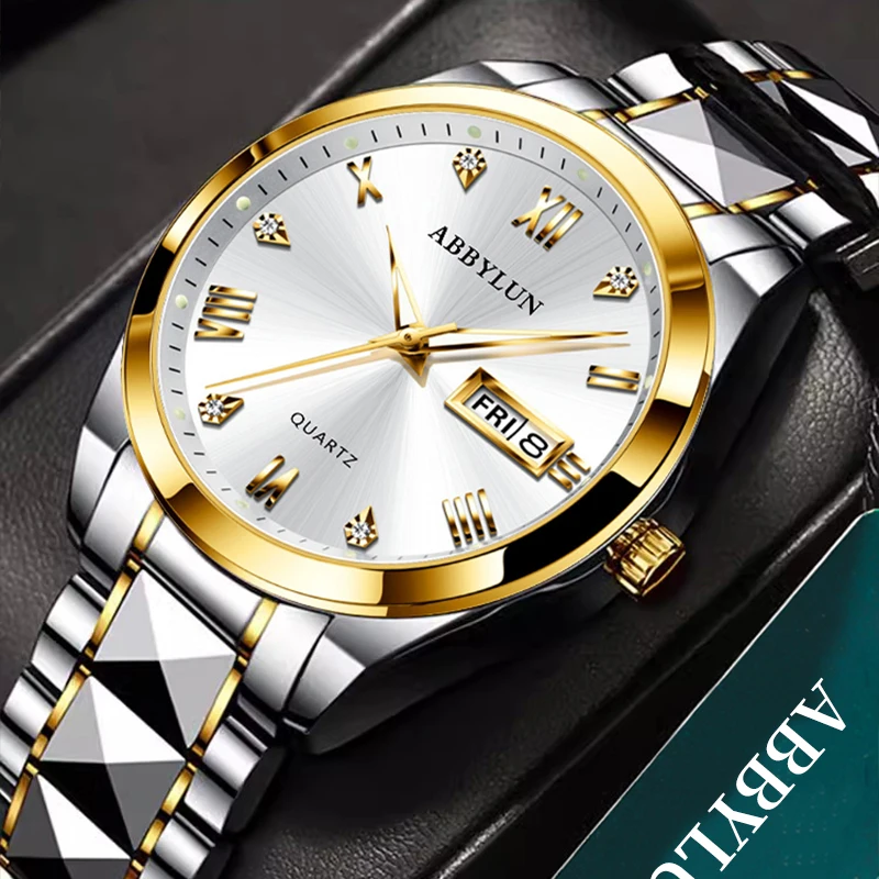 ABBYLUN 985 Men Quartz Watch Fashion Leisure Simple Diamond Date Stainless Steel Strap Wristwatches for Male Clock Brithday Gift