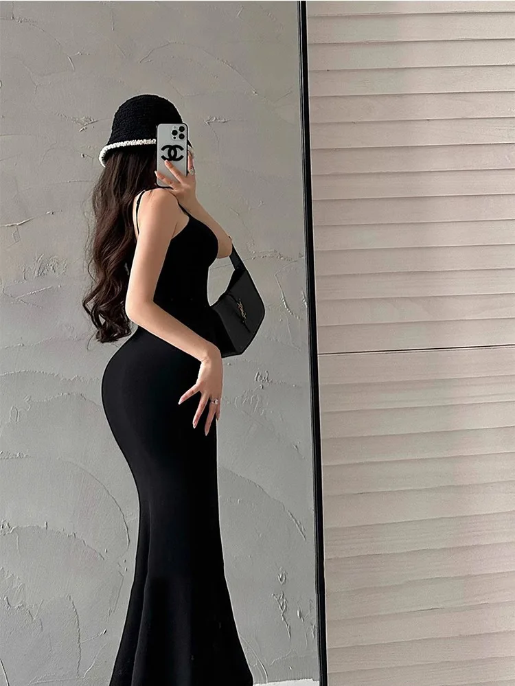 Pure Desire Style Women's Summer Sexy Long Dress Halter Neck Ice Silk Fish Tail Skirt High Waist Slim Fit Midi Dress
