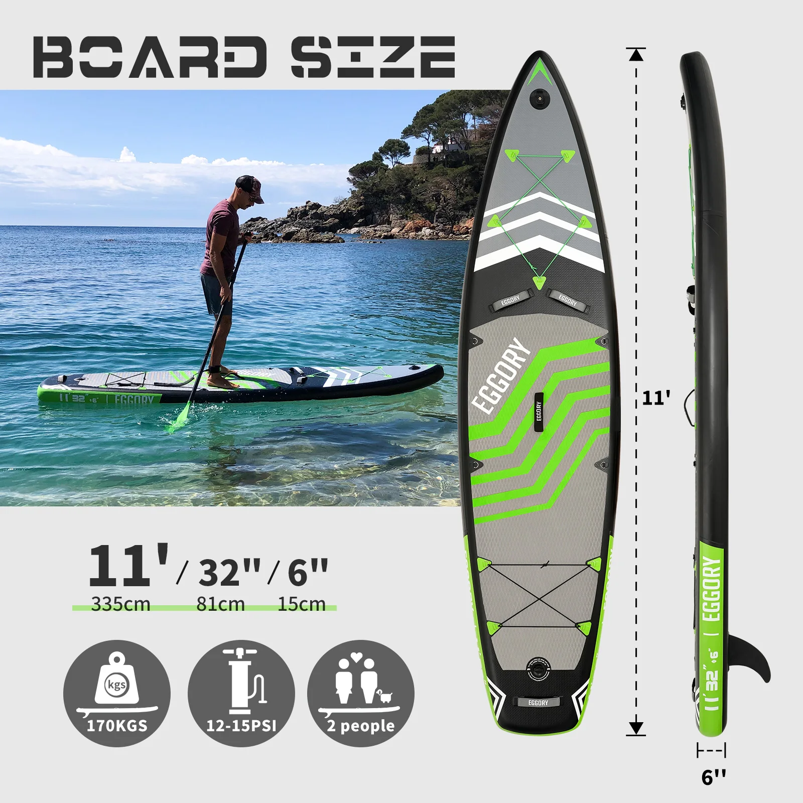 EGGORY 11' Langlebiges Stand-Up-Paddleboard 335cm Touring SUP mit Kamerahalterung, Doppel-Bungee-Aufbewahrung, 170KG Tragkraft, Erwachsenen-Kit
