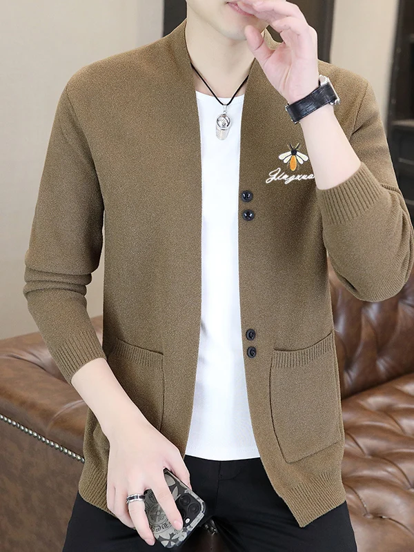 

Мужской вязаный кардиган с V-образным вырезом, повседневный, длинный, тонкий, для весны и осени, с вышивкой, для подростков