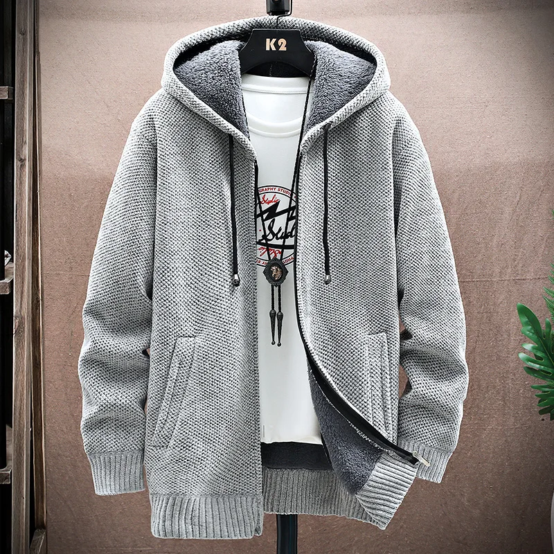 

Men Cardigan Solid Hooded Sweater Autumn Winter Fleece Warm Fashion Knitted Sweatercoat Male Sweaters with Hoods Men Clothing