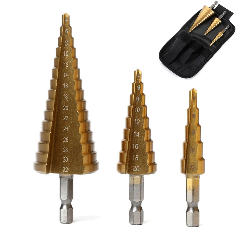 3pcs 4-32mm 4-20mm HSS Titanium Straight Groove Step Drill Bit High Speed Steel Metal Wood Hole Cutter Cone Drilling Tool Set