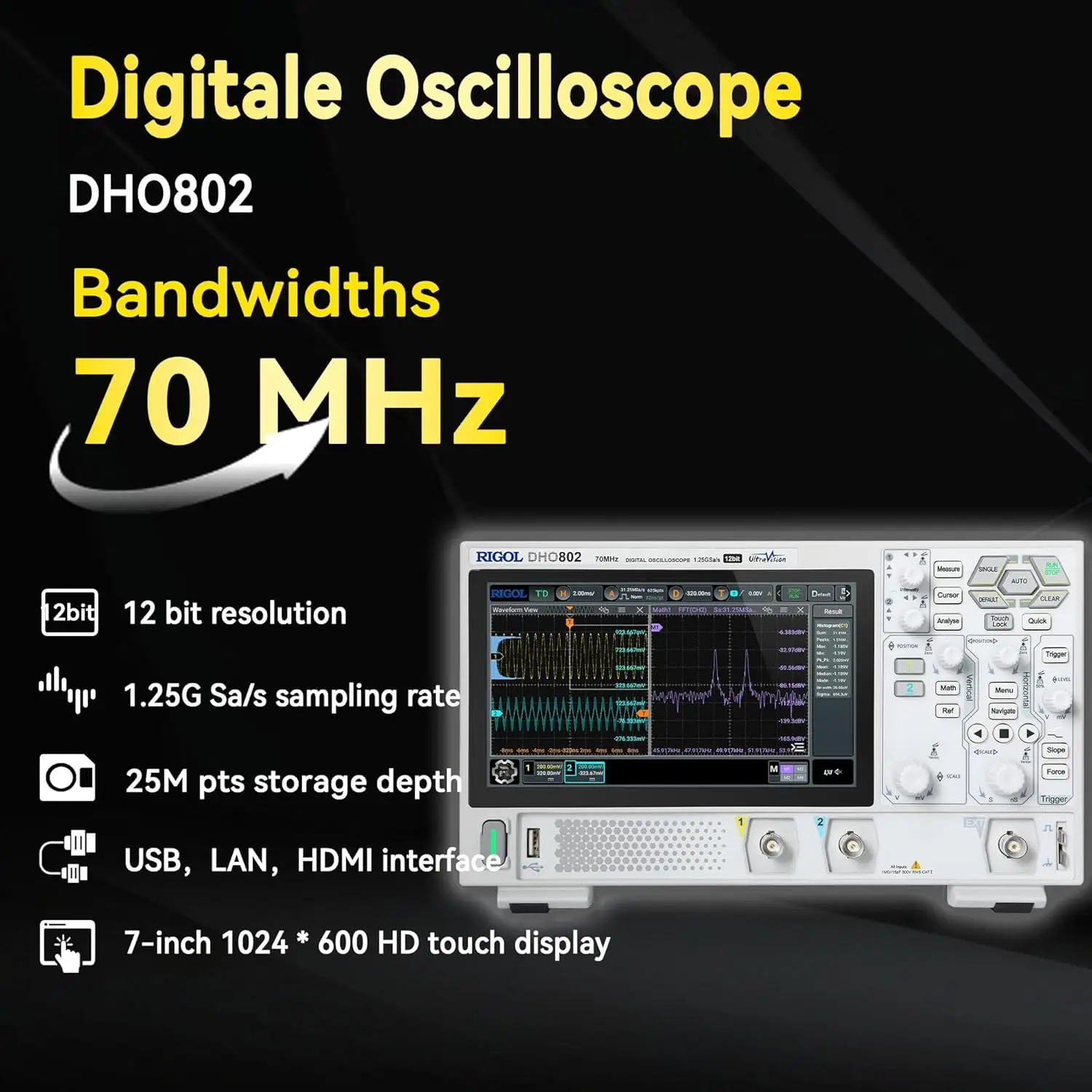 RIGOL DHO802 Digital Oscilloscope 70MHz Frequency Band 12-Bit Vertical Resolution 1.25 GSa/s Sample Rate for Testing Equipment