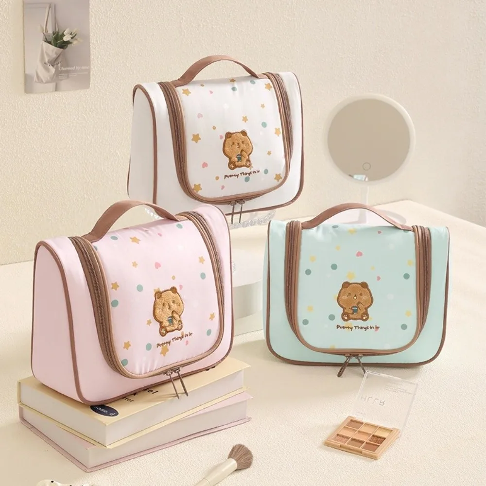 Cartoon Embroidery Cosmetic Bag Hanging Large Capacity Travel Toiletry Bag with Separate Compartments Portable Makeup Organizer