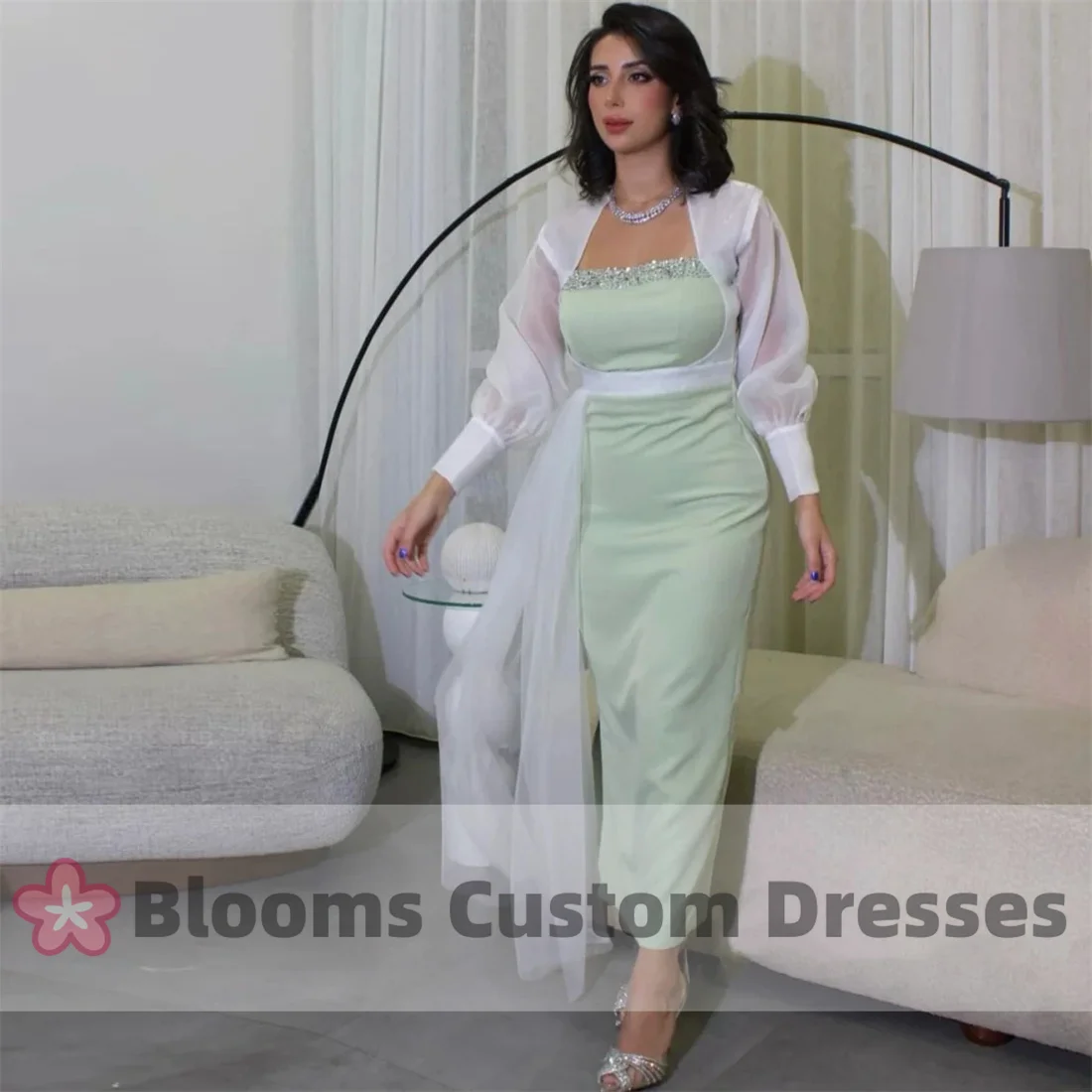 

Blooms Charming Shiny Decor Crepe Prom Dress Long Sleeves Jacket Sash Prom Dress Party Gown Elegant Sheath Formal Dress