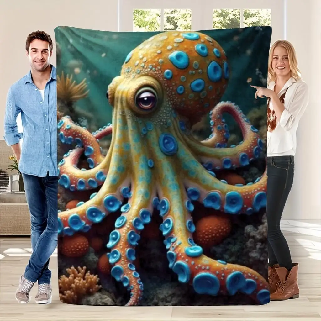 Octopus Blanket Realistic Blue And Orange Octopus Underwater Scene Soft Fleece Throw Cozy Home Decor Gift For Ocean And Marine