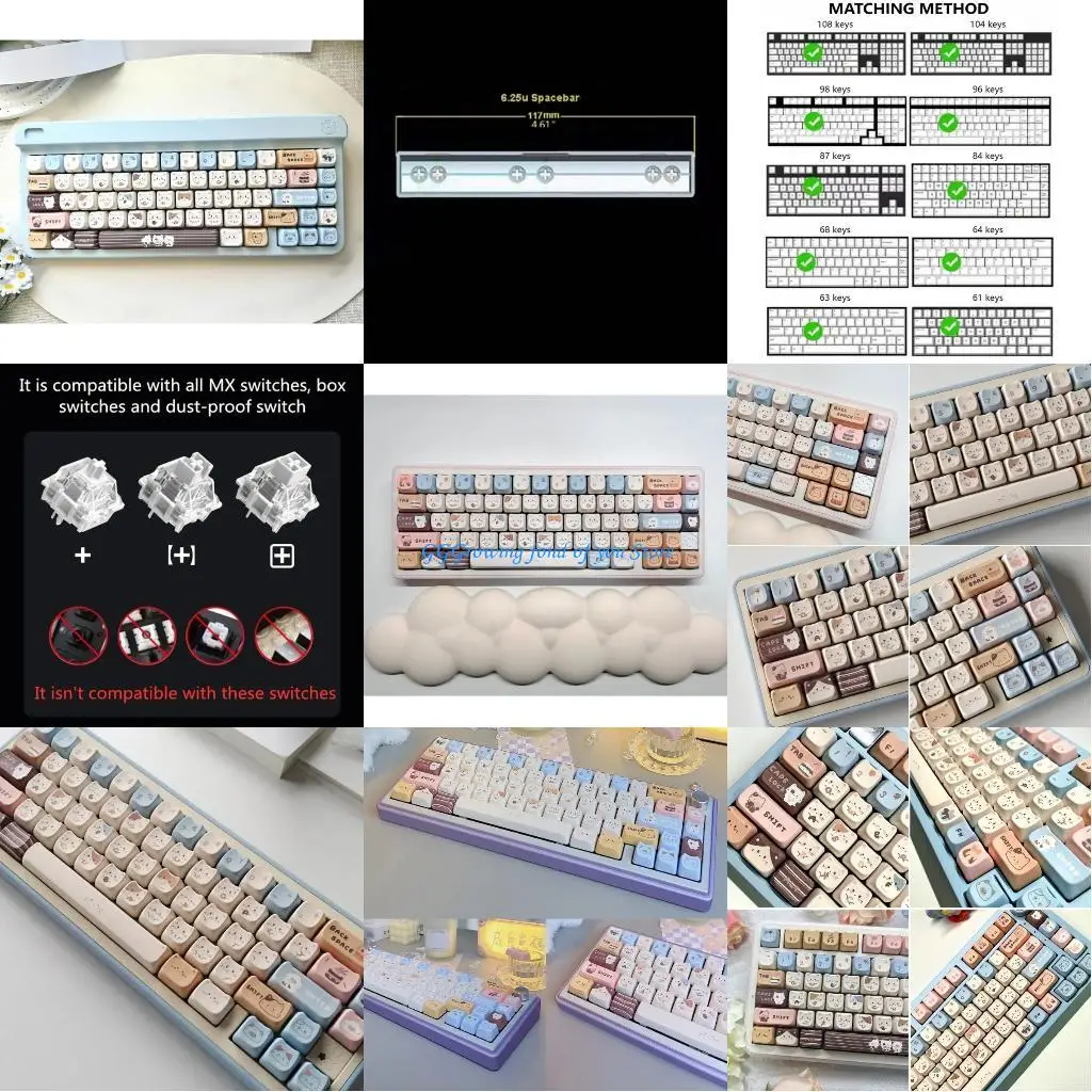 

H9EB 140Keys Cartoon Sea Salt Kitten Keycaps MAO height Heat Sublimated Keycaps for Mechanical Keyboard Switches Replacement