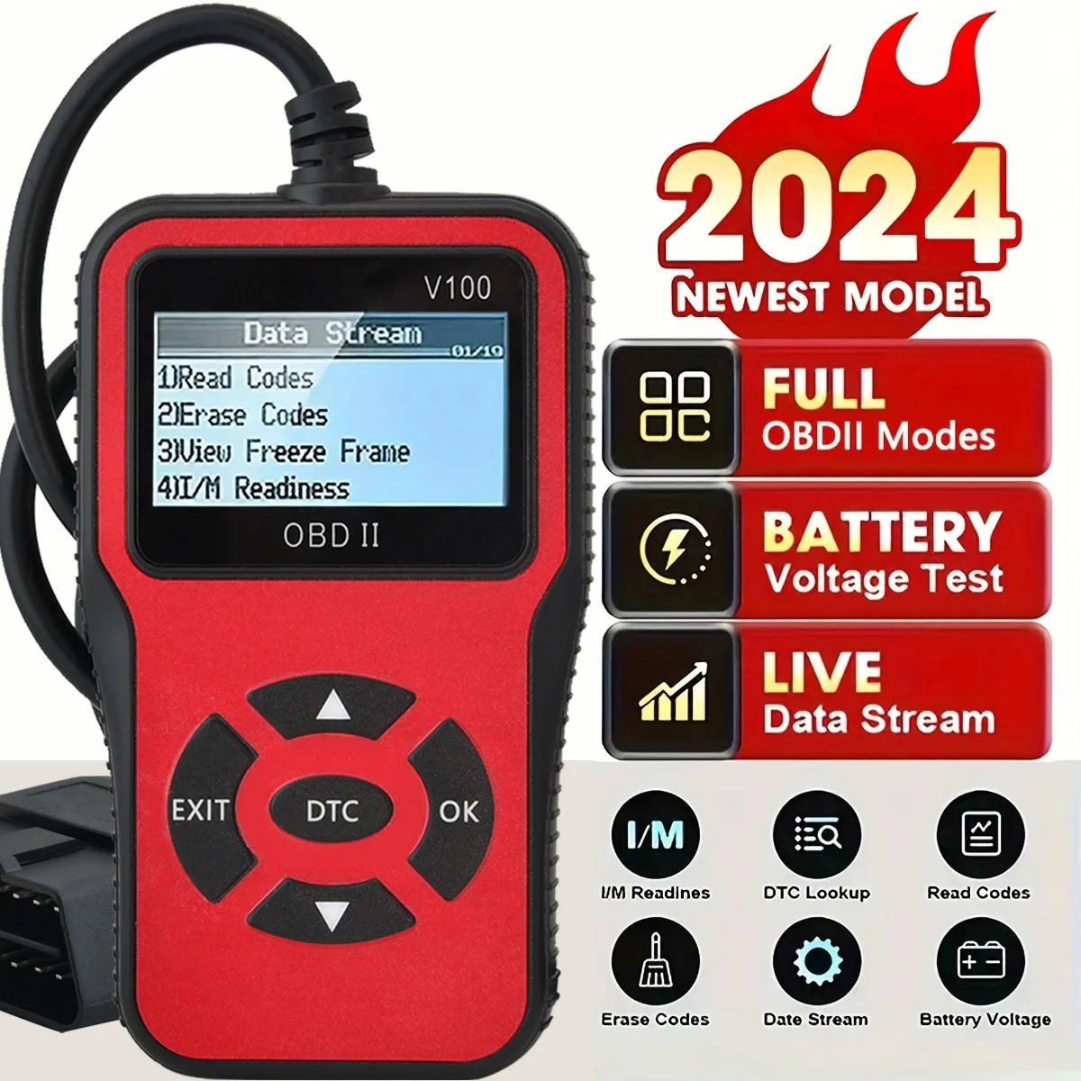 OBD2 Scanner Diagnostic Code Reader, Car Voltage Tester Engine Fault Code Scanner, Charging Tester Diagnostic Tool, suitable for OBDII-V100red, without battery