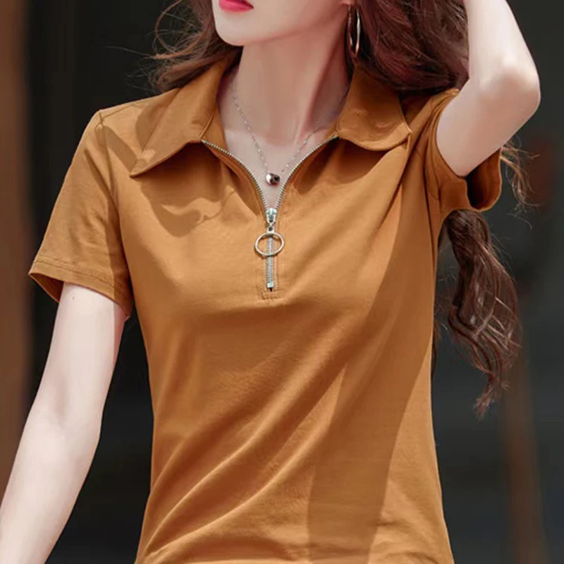 Vestiti per le donne 2024 estate coreana mezza cerniera manica corta colletto Polo t-shirt femminile Casual solido Pullover di cotone sciolto top