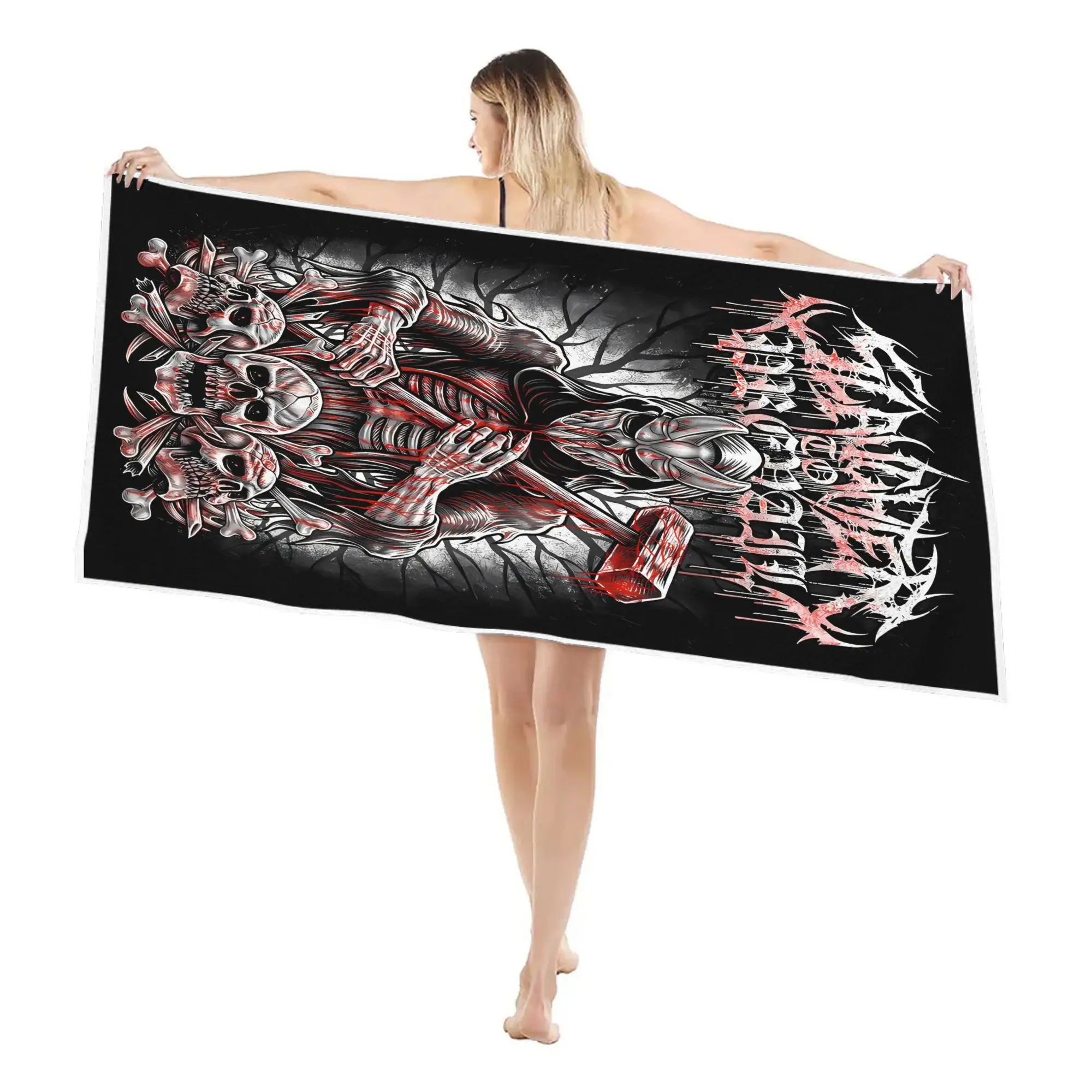 1PC Gothic Demon Skull Beach Towel Dark Metal Skeleton Hammer Blood Art Microfiber Quick Dry Sand Resistant Large Pool Towel