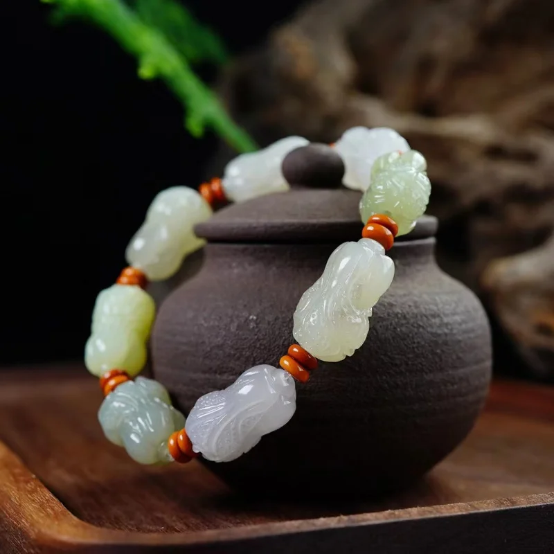 Natural Hetian Jade Hundred Wealth Multi-Treasure Unisex Single Loop Bracelet