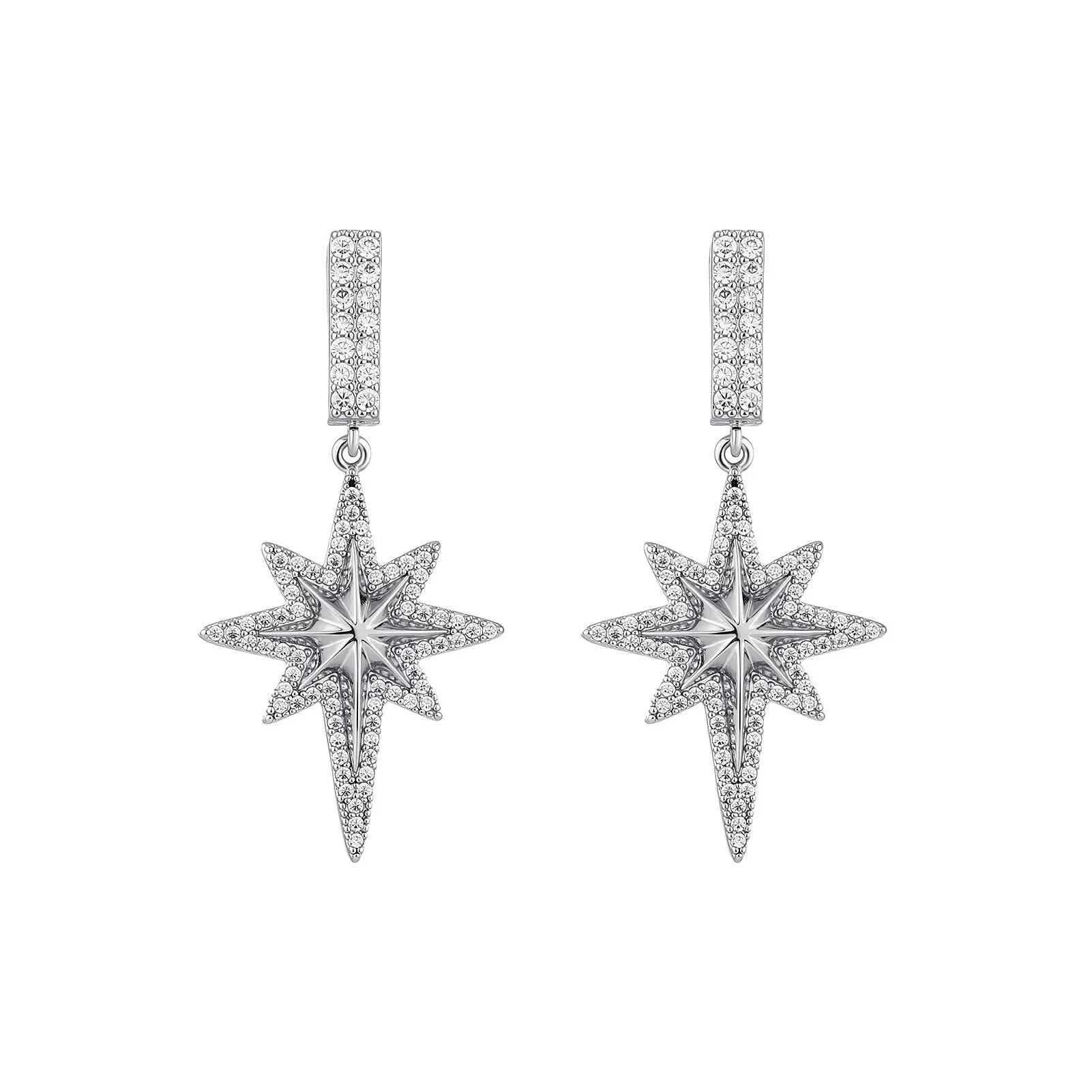 Sparkling North Star Cubic Zirconia Dangle Huggie Earrings Silver Needle Luxury North Star Drop Earrings Unisex Fashion Jewelry
