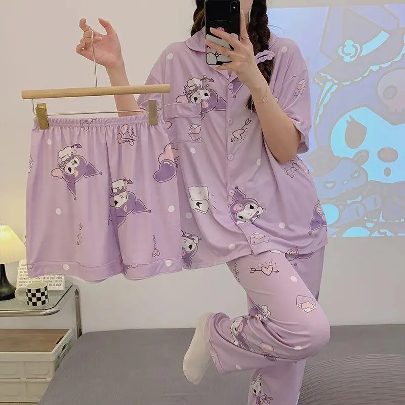 

Сексуальная футболка Sanrio Kit Girl, пижама, костюм-тройка Kawaii Kuromi, модные летние студенческие шорты для отдыха в стиле аниме, одежда для отдыха, новинка