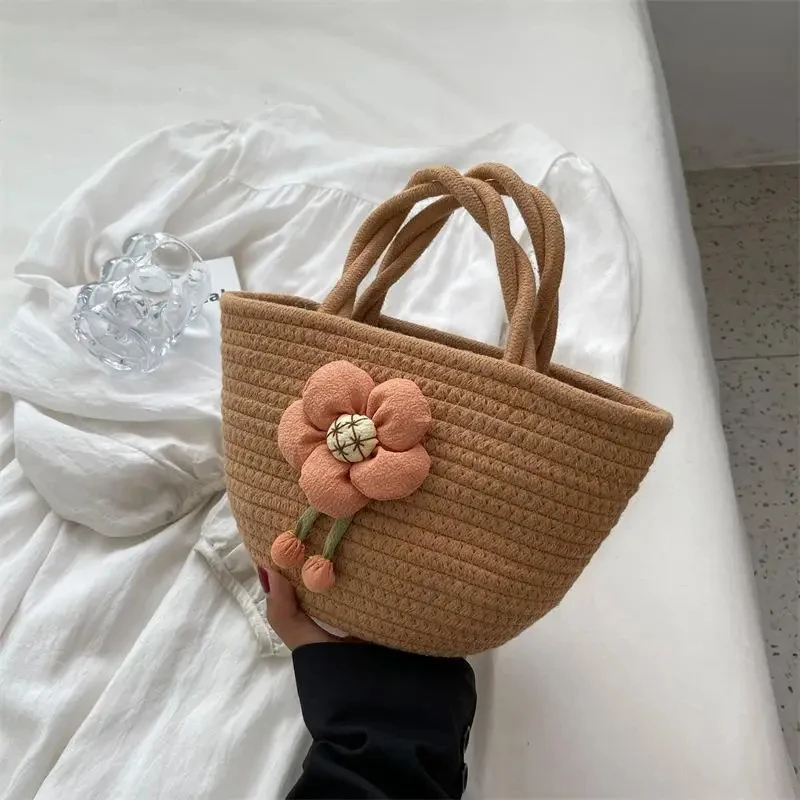 

2025 Women's Casual Woven Tote Bag Eco-Friendly Cotton Rope Material Niche Design Fashion Handbag Accessory