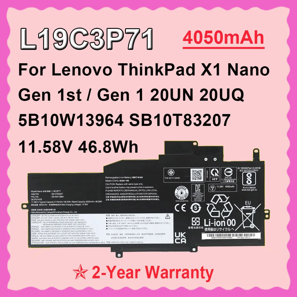 L19C3P71 For Lenovo ThinkPad X1 Nano Gen 1st/Gen1 Nano-20UN 20UQ Laptop Battery 5B10W13964 11.58V 46.8Wh 4050mAh DODOMORN