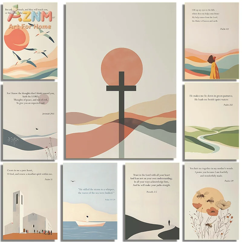 AZNM Boho Christian Bible Verse Canvas Poster Frameless Wall Art Minimal Cross Mountain Sun Scripture Print For Prayer Room Bedr