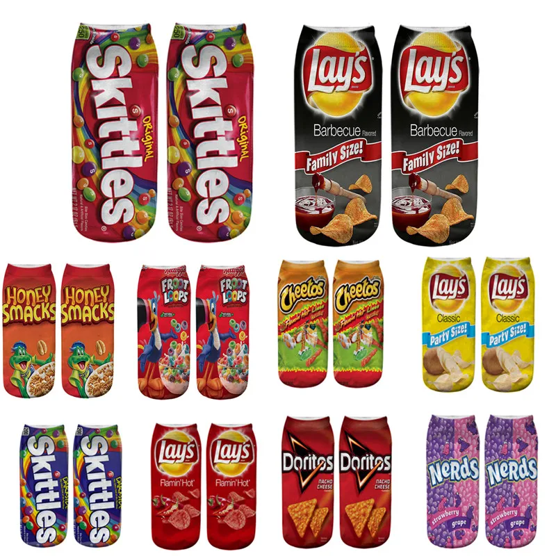 Cute Mens Socks 3D Creative Foods Chips Printing Snack Happy Socks Men Funny Harajuku Casual Cotton Fashion Short Ankle Socks