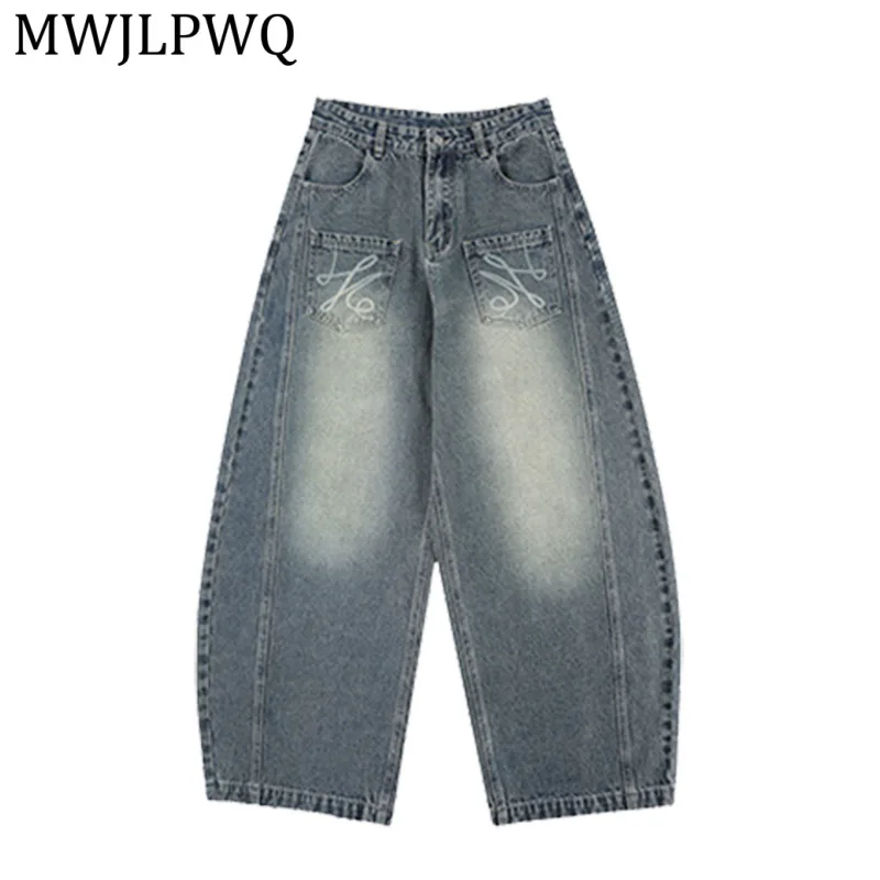 

MWJLPWQ American Retro Distressed Washed Jeans For Men Embroidered Pocket Design Loose Fit Workwear Spring Wide-Leg Pants 14450