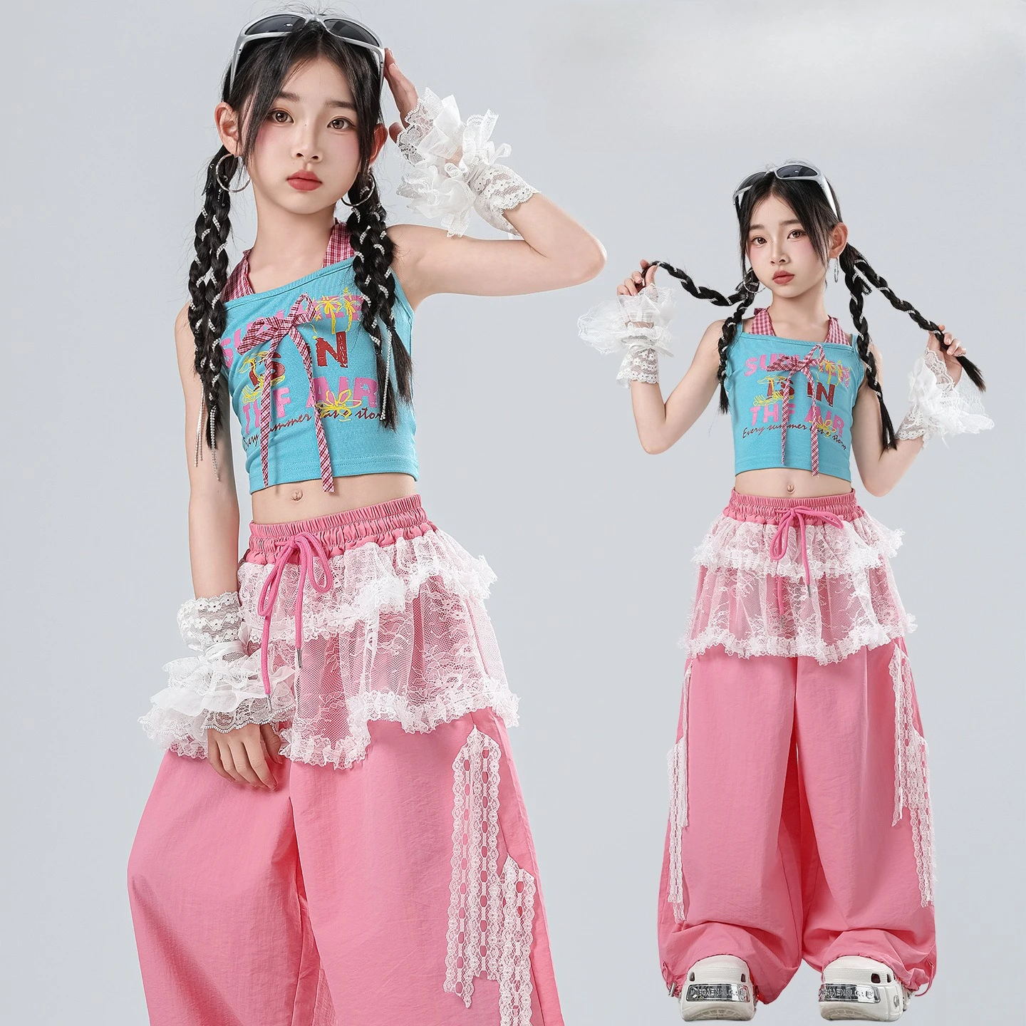 

Girls K-pop Sweet Bow Crop Tops Vest Hip Hop Clothes Sets Kids Jazz Lace Joggers Pants Children Streetwear Street Dance Costume
