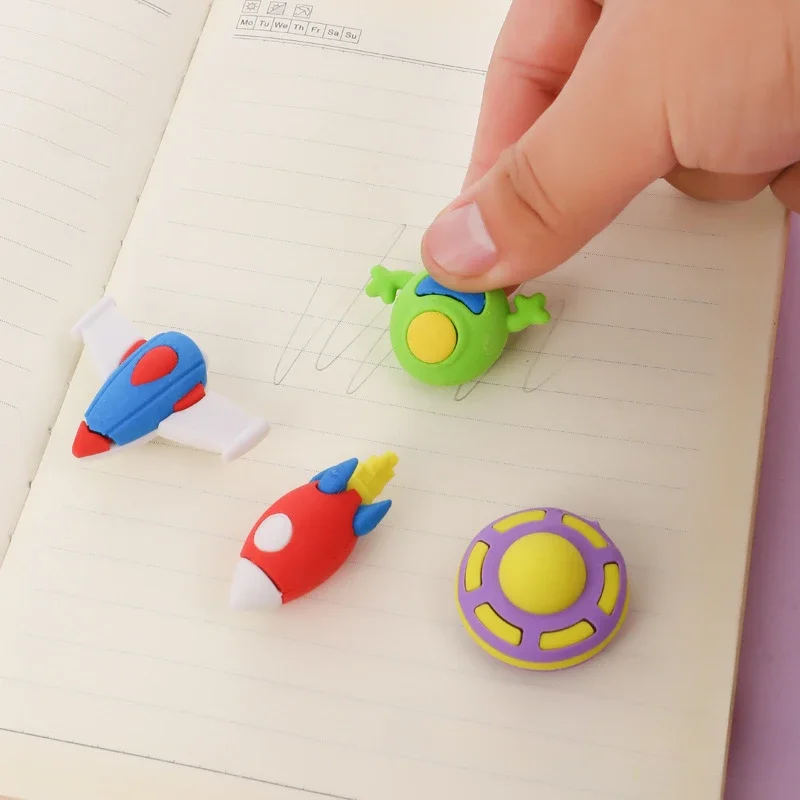 12Pcs Wholesale Creative Space Plane Eraser, Novelty Clean Cute UFO Alien Eraser Student Rocket Stationery