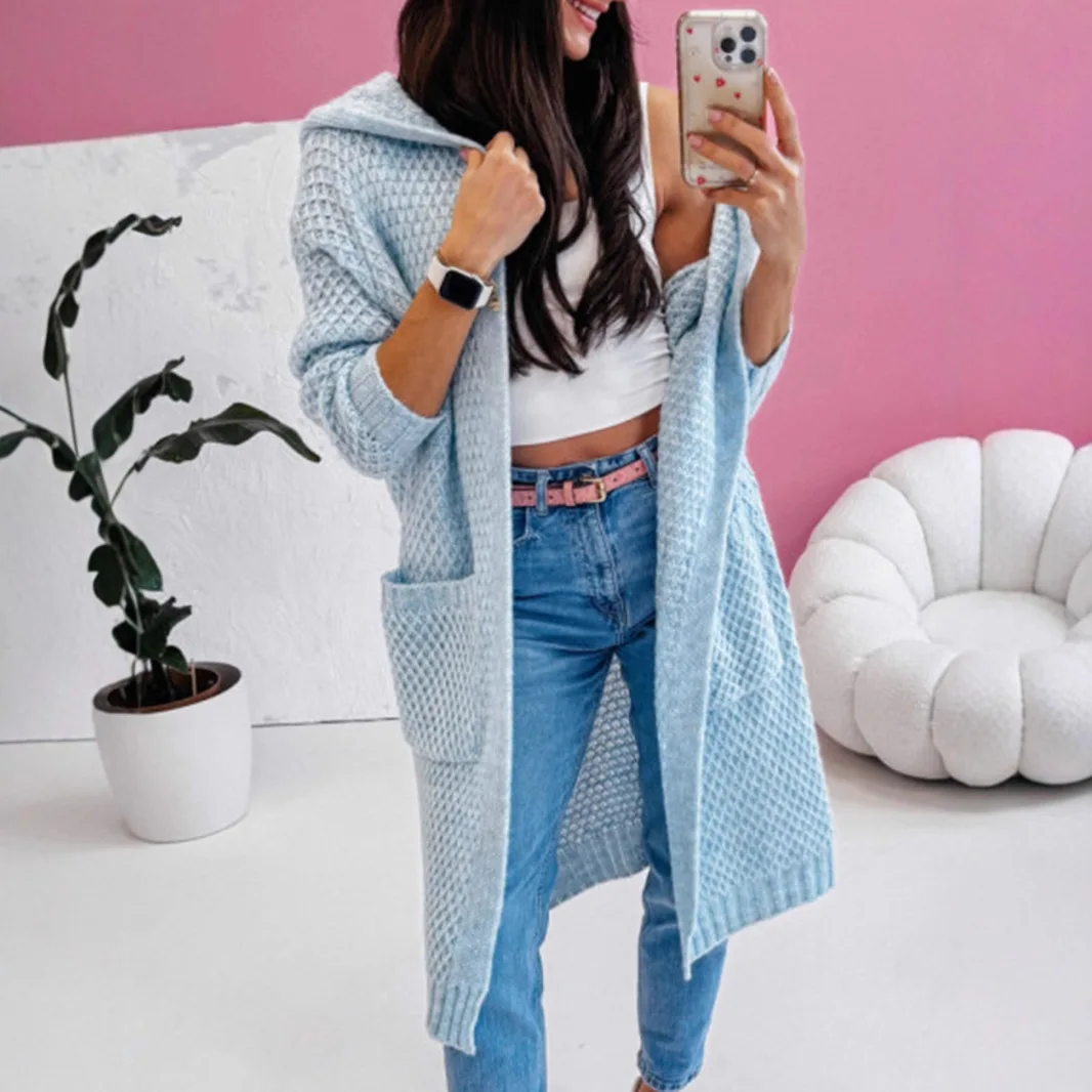 

Women's Hooded Knitted Cardigan Jacket Long Pocket Loose Fit Autumn Winter Sweater European American Style Fashion