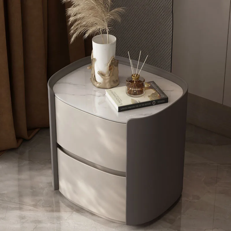 Designer Luxury Solid Wood Nightstand Elliptical Glass Top Italian Minimalist Modern Bedside Cabinet with Quartz Base