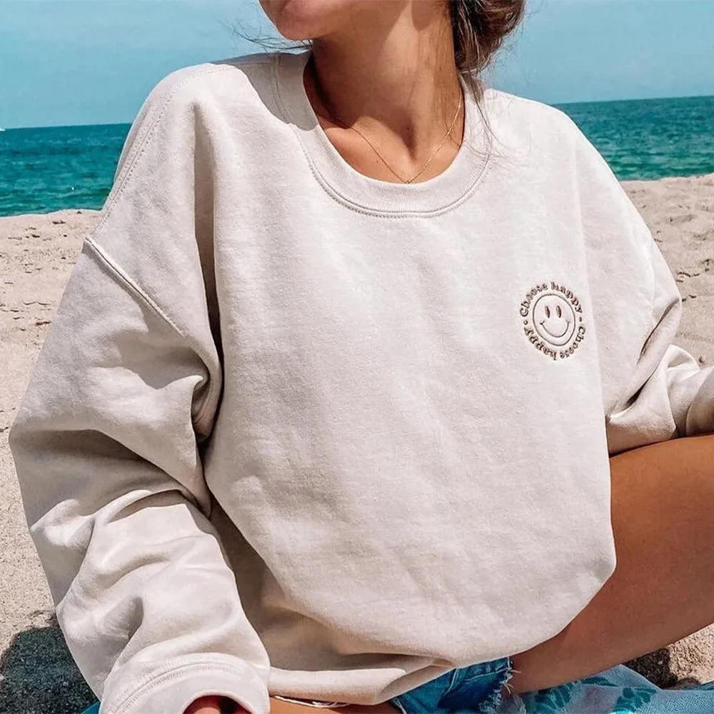 Choose Happy Smiley Face Embroidered Y2K Sweatshirts Long Sleeve Loose Cotton Thick Crewneck Pullover Retro Fashion Jumpers