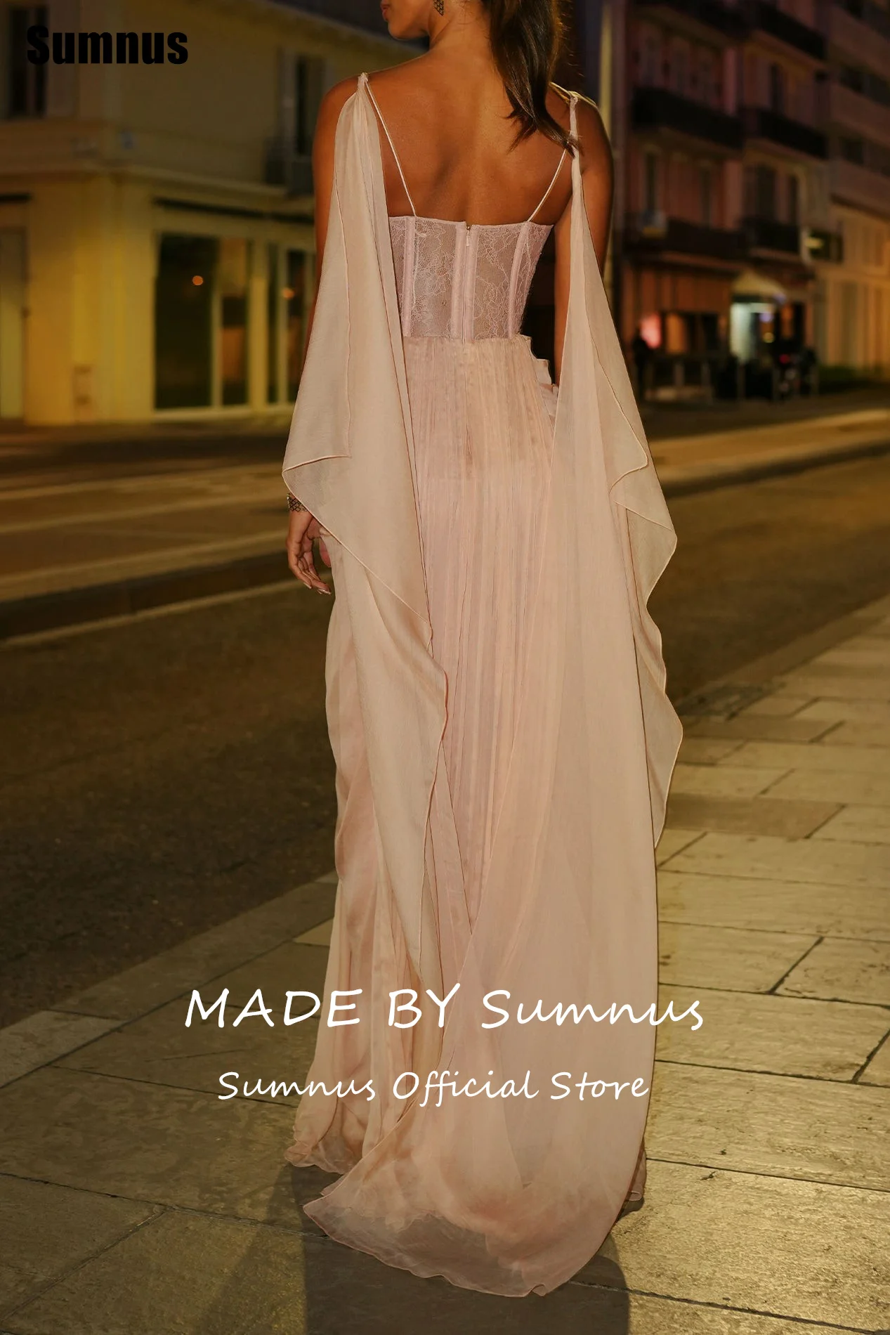 Sumnus Einfache Meerjungfrau Prom Kleider Chiffon Falte Spaghetti Strap V-ausschnitt Maxi Abendkleid Mit Schal Vestidos Angepasst