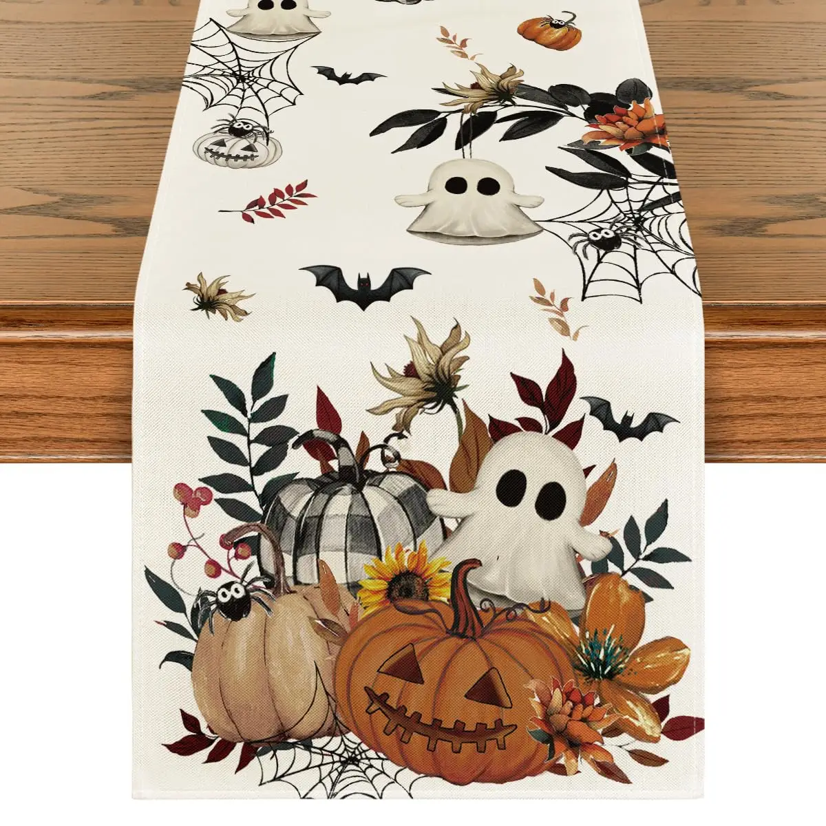 

Mode Pumpkin Ghost Leaves Spider Web Halloween Table Runner, Spooky Kitchen Dining Table Decoration for Home Party Decor