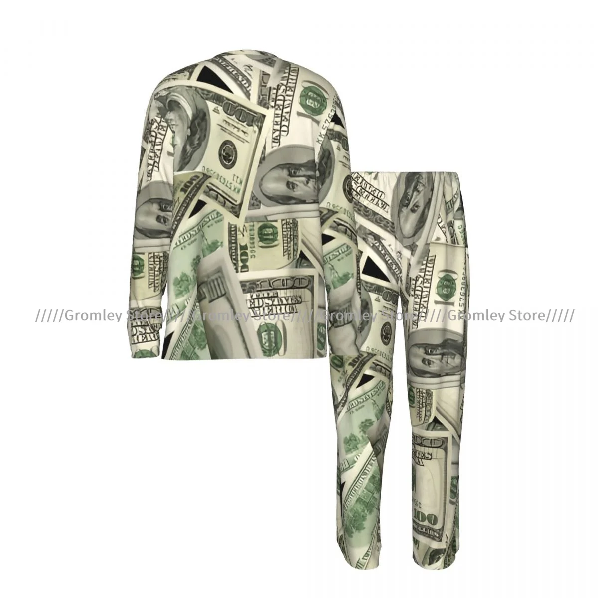 Men's Pajamas Set American Money Pattern Long Sleeve Top & Long Pants Sleep Set